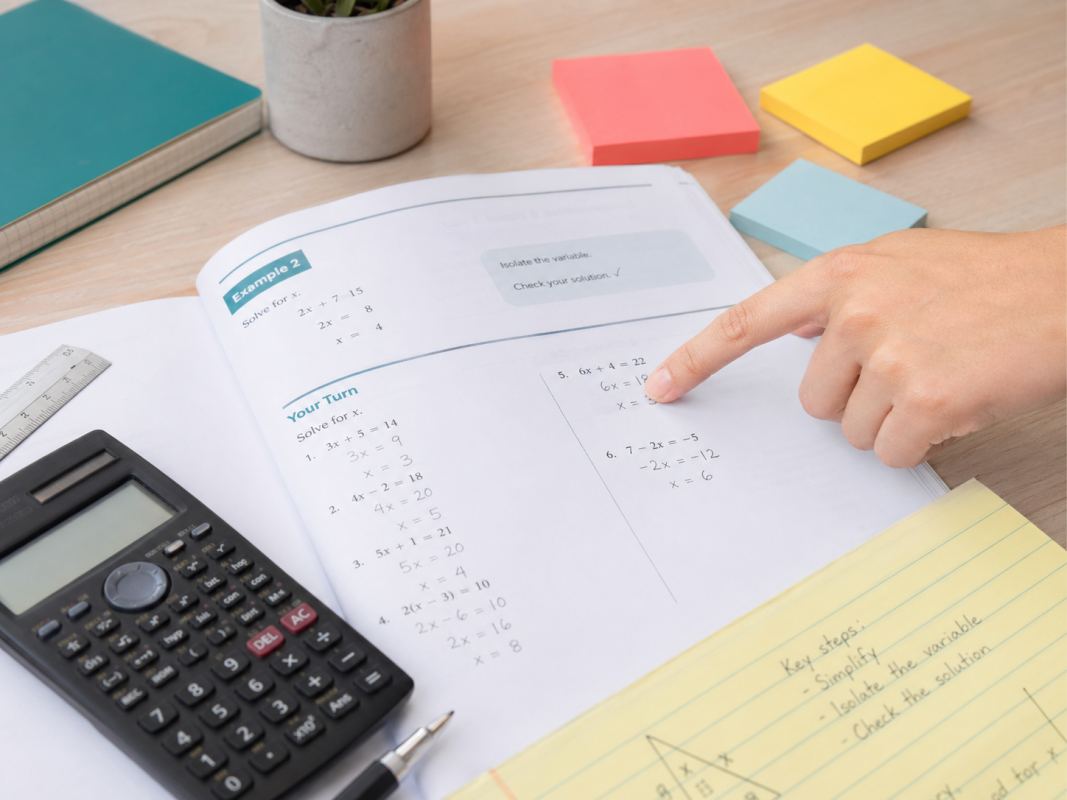 Mathebuch, Taschenrechner und Lernnotizen im Einzelunterricht