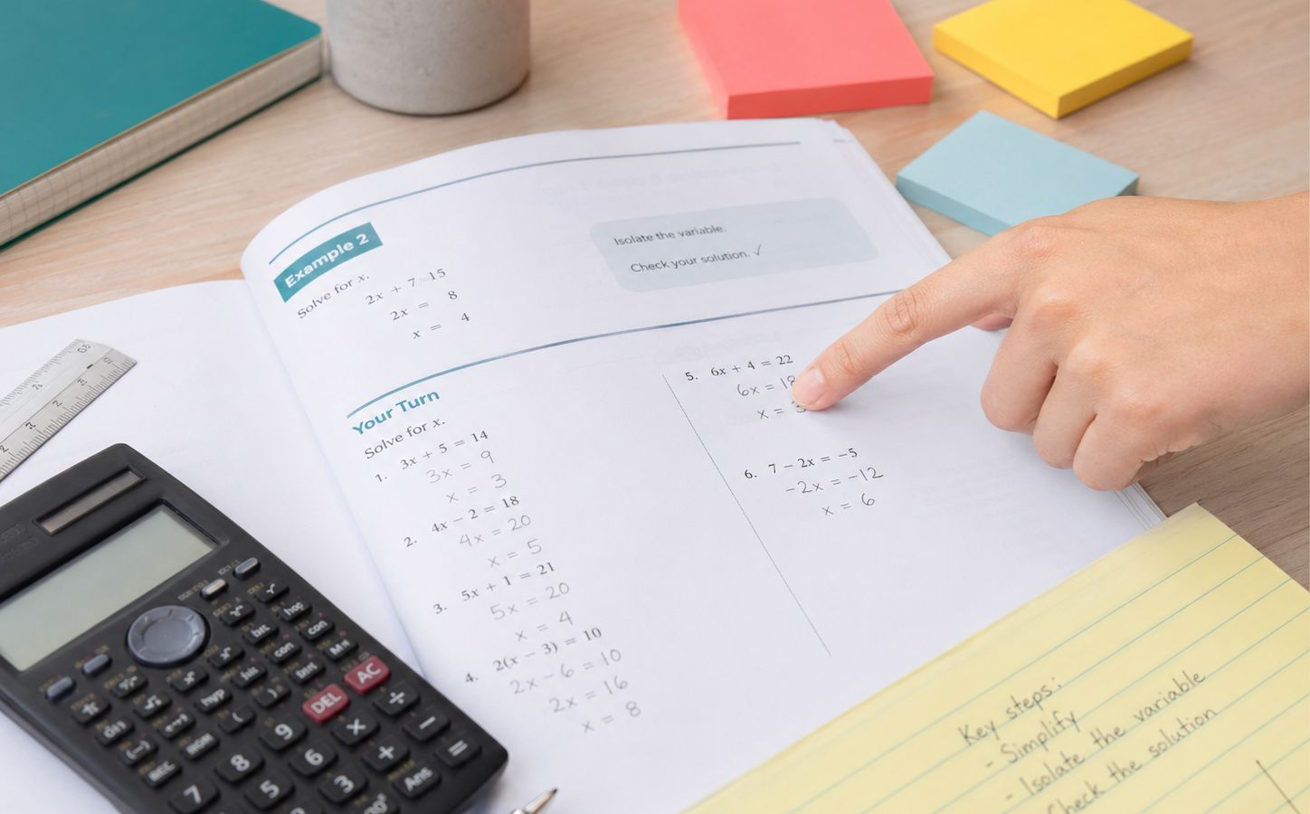 Mathebuch, Taschenrechner und Lernnotizen im Einzelunterricht