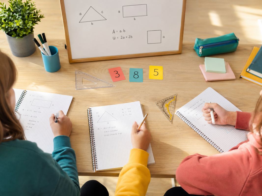 Lerntisch mit Heften, Geometrieaufgaben und Materialien für eine kleine Mathegruppe