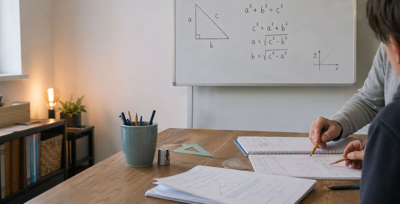 Nachhilfe-Situation mit Matheheft, Whiteboard und Lernmaterialien